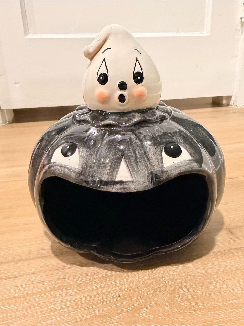 Small Johanna Parker Ceramic Ghost-on-Pumpkin Halloween Candy Holder dish